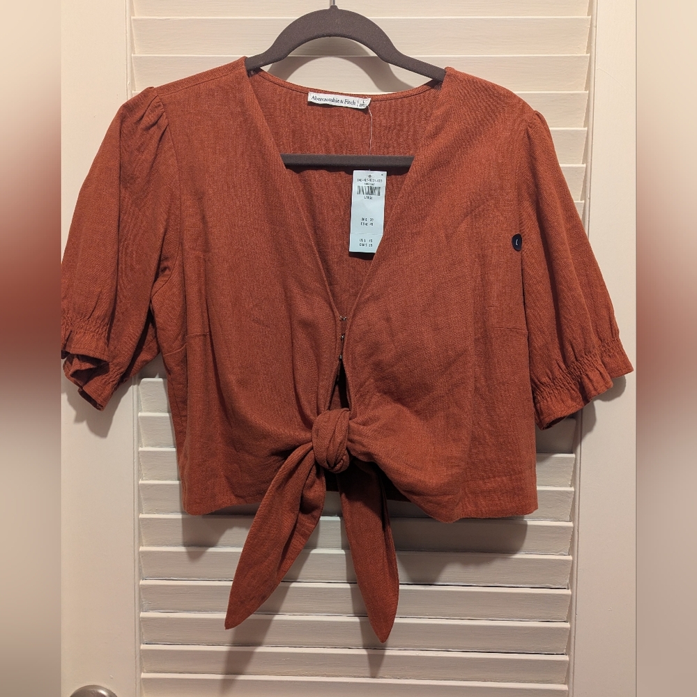 NWT Abercrombie & Fitch Cropped Tie Front Linen Blend Top Blouse